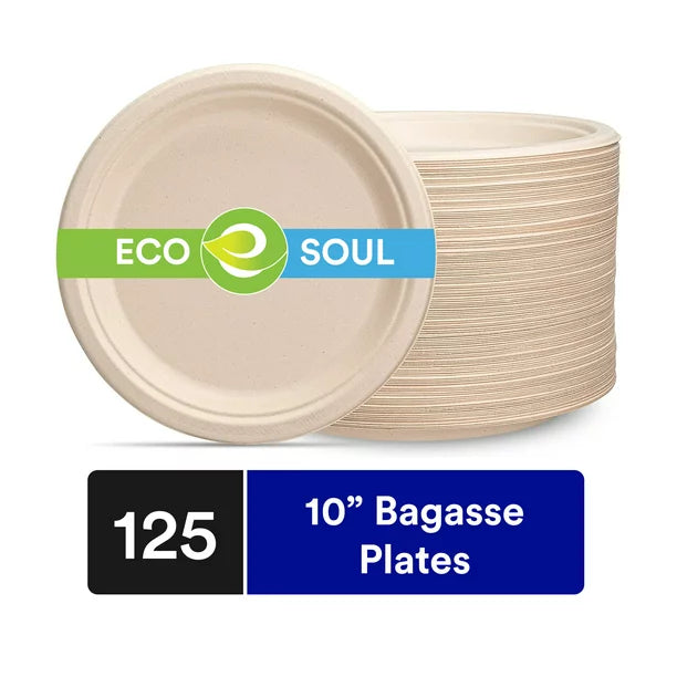 ECO SOUL 100% Compostable 10 Inch Bagasse Paper Plates, 50 Counts |  Heavy-Duty Disposable Plates | Eco-Friendly Made of Sugarcane  Fibers-Natural