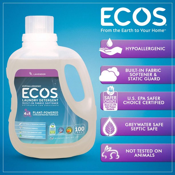 Earth Friendly Products ECOS 2X Hypoallergenic Liquid Laundry Detergent, 200 Loads, 100 Fluid Ounce, 2 Pack