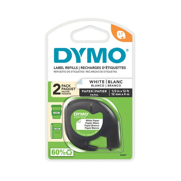DYMO LT Plastic Labels for LetraTag Label Makers, Black Print on White Labels, 1/2-inch x 13-foot Roll